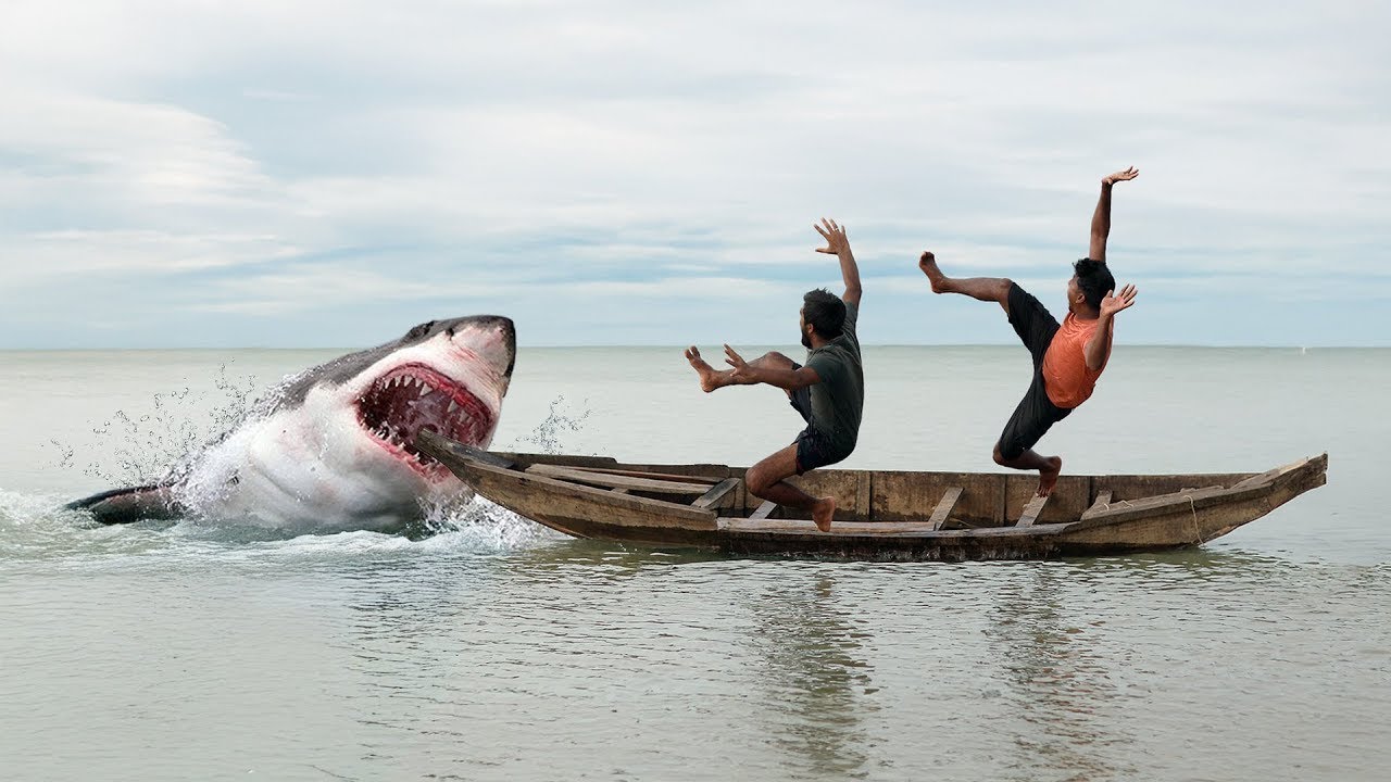 Shark Attack on Fishing Boats | fun made great white shark attack video part 110