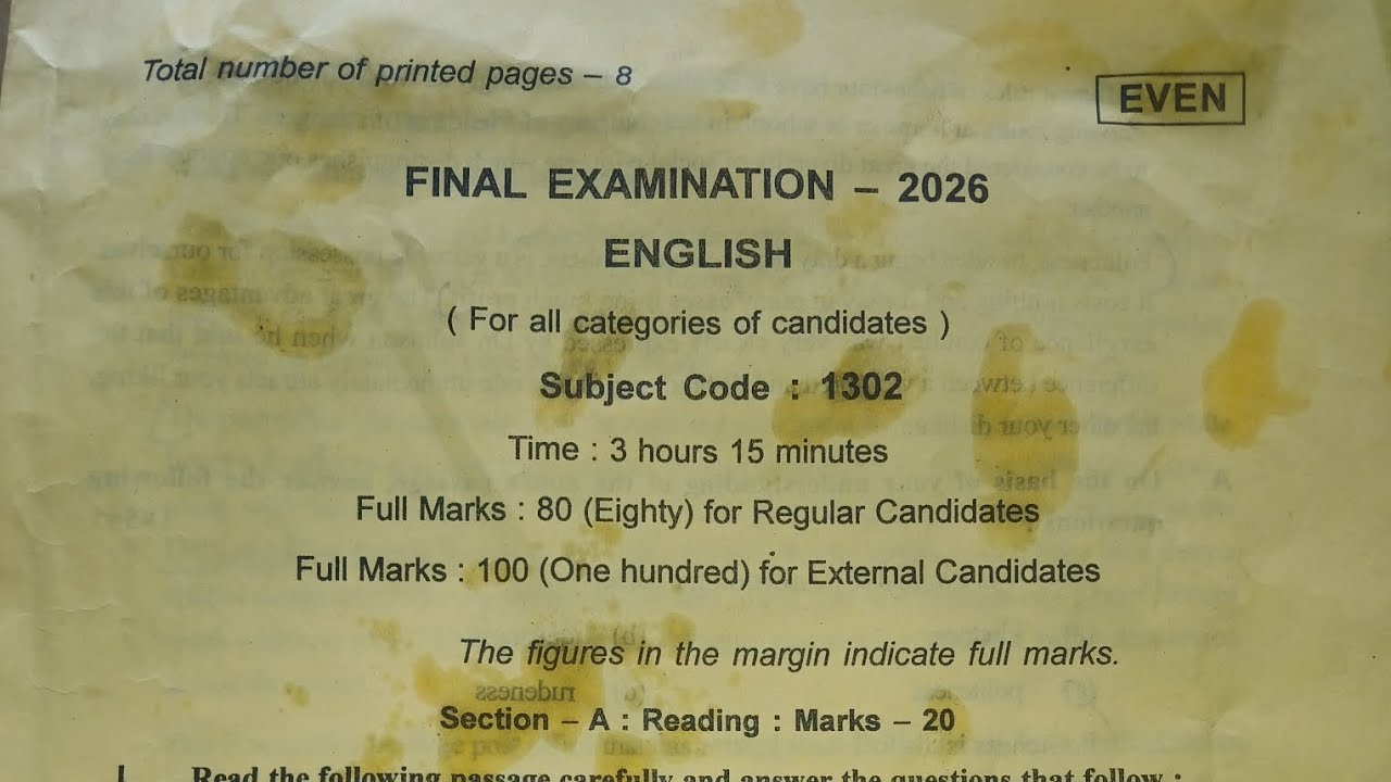 TBSE Madhyamik Examination Question Paper 2026 ENGLISH 
