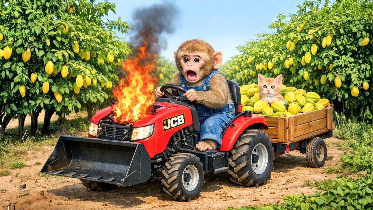 Monkey Farmer Harvests Starfruit & Rescues Kitten with JCB from Giant Rock! - Monkey Farm Work