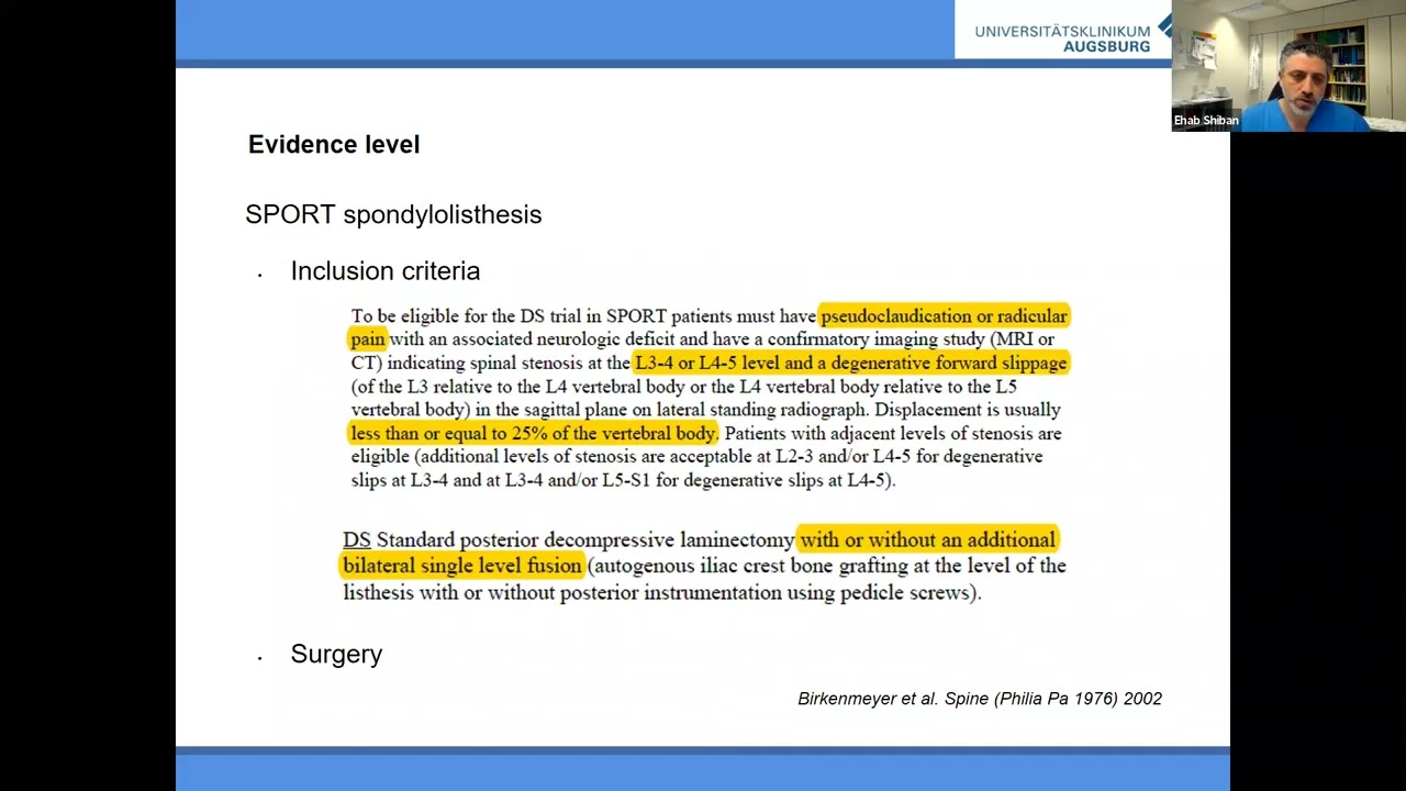 EANS WEBINAR: INDICATIONS FOR LUMBAR FUSION IN DEGENERATIVE SPINAL DISEASE