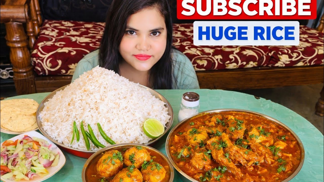 ASMR. Eating Huge Rice With  Spicy 🔥 Egg Curry, Too Spicy 🔥 Mutton Head Curry, Salad and Papad.