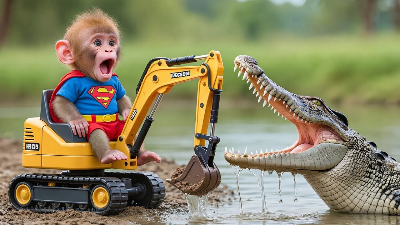 Baby Monkey Mono Digs the Farm Road 🐒🚜😱 and Faces a Dangerous Crocodile Attack! 🐊
