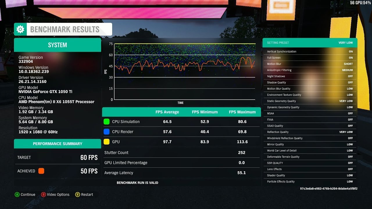 Forza Horizon 4 Benchmark Mode AMD Phenom+GTX 1050Ti(very low,low,medium,high,ultra)