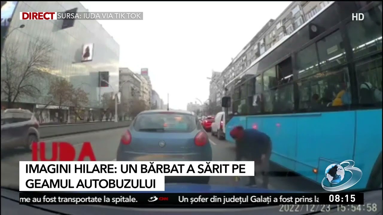 Imagini hilare: Un bărbat a sărit pe geamul autobuzului STB