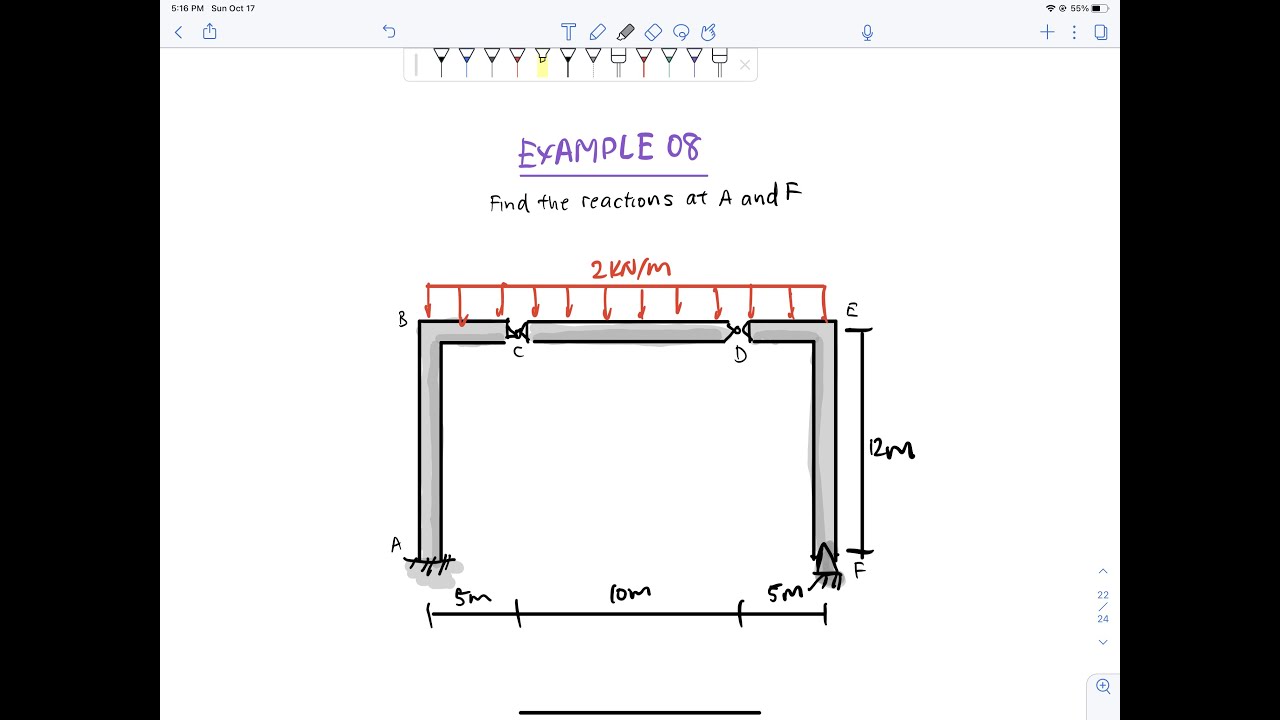 Basics of statics example 8 - Frame with 2 pins and fixed support