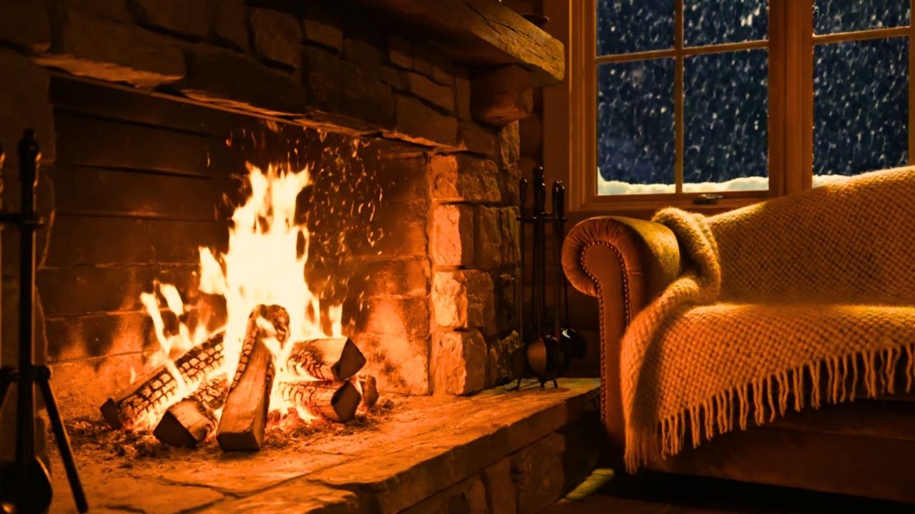 Snowy Night Cabin Fireplace 🔥 Relaxing Winter Ambience with Crackling Fire