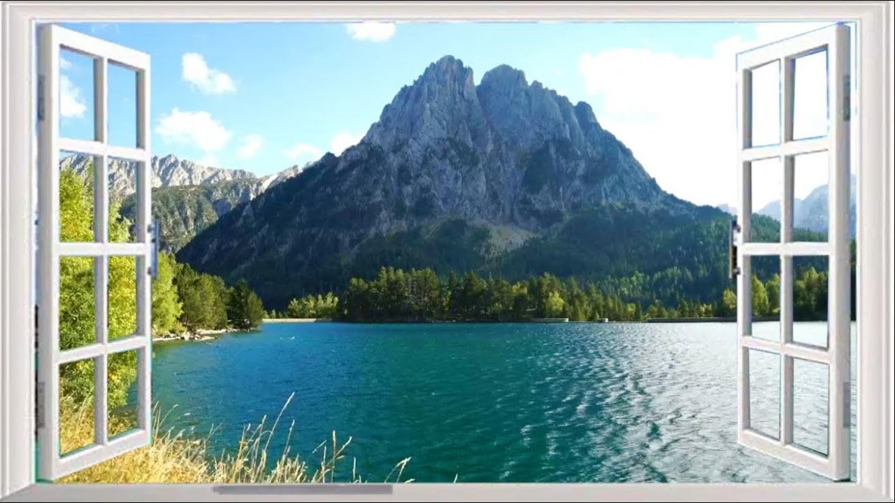 Guitare et violon, musique relaxante, douce, zen et fen&ecirc;tre sur lac et nature, paysage magnifique