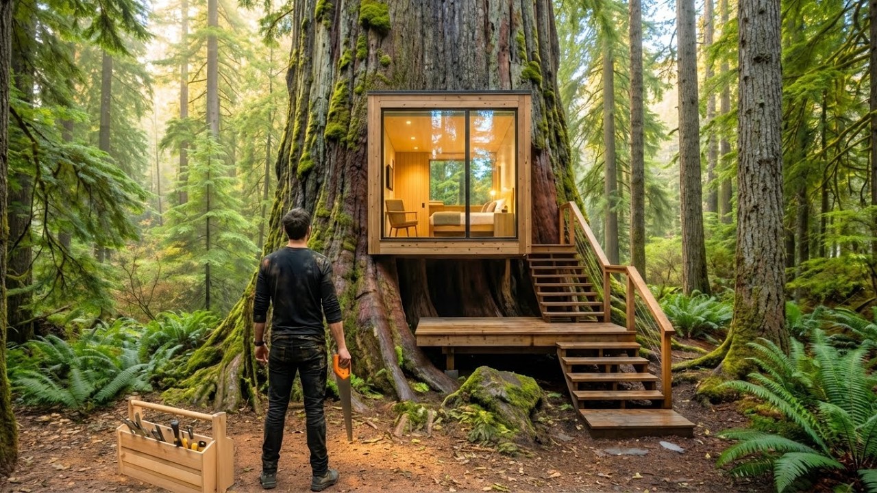 Building A Mini Hotel Inside a Tree Trunk to Survive the Heavy Rain (ASMR)