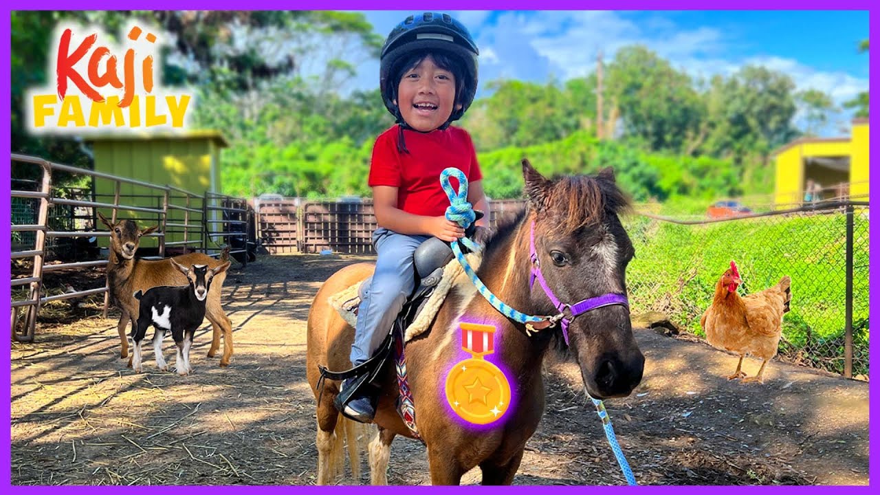 Ryan plays at the Farm and Learns to Ride a Pony!