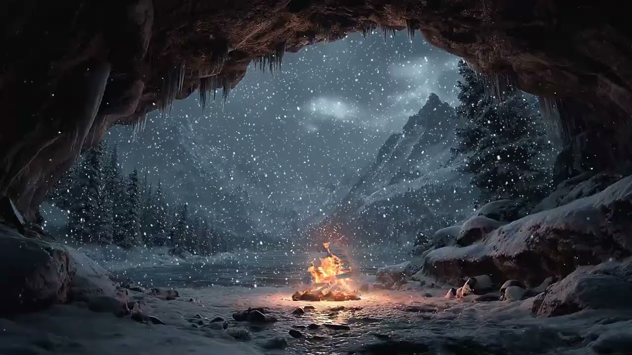 Cozy Cave in a Winter Blizzard 🔥 3 Hours Calm Wind & Fireplace White Noise