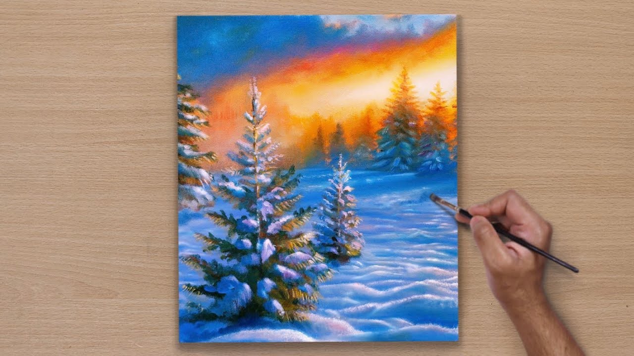 Easy Way to Paint a Winter Sunset Scenary/ Acrylic Painting / STEP BY STEP #110