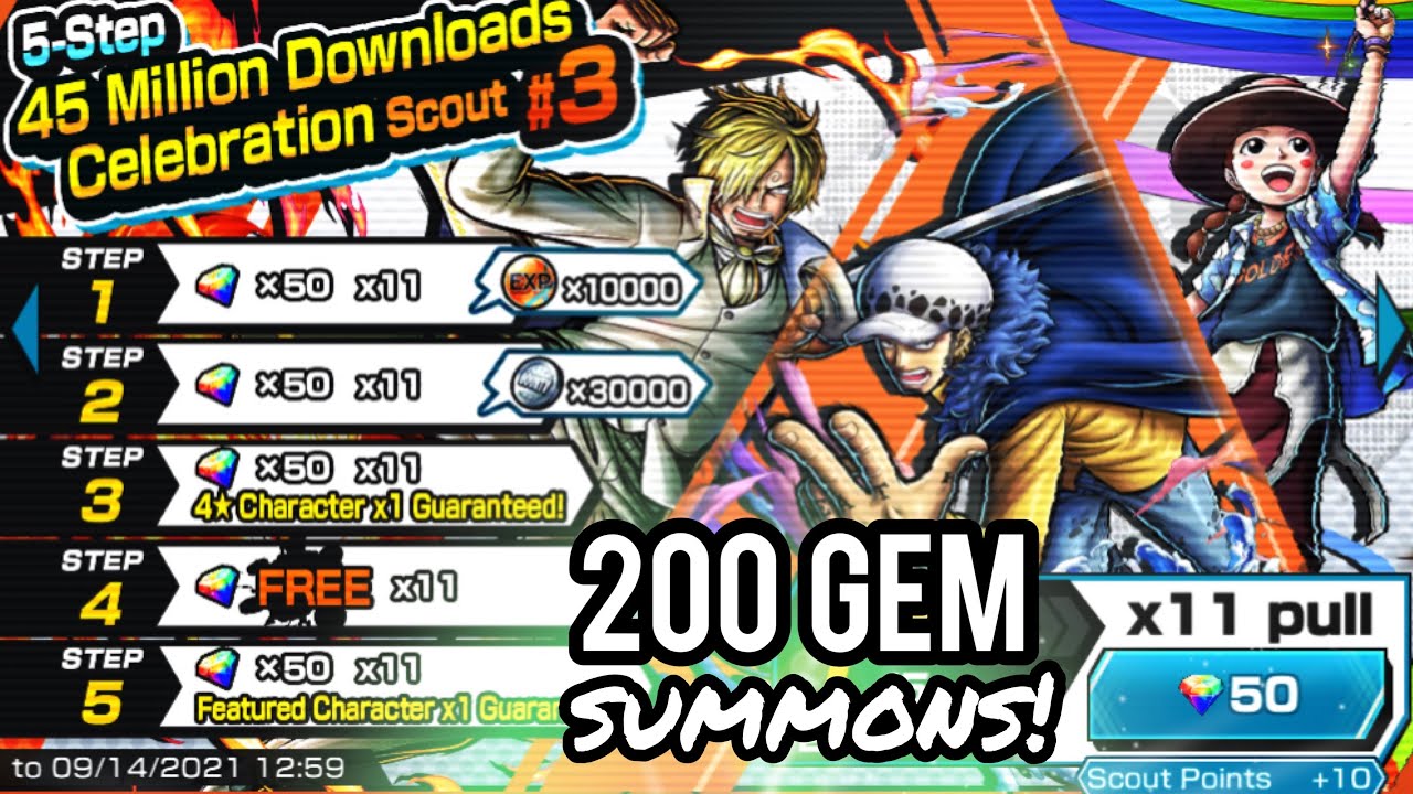 200 GEM 45 Mil. Downloads #3 Summons | Raid Law, Sanji or Ms Goldenweek? |ONE PIECE Bounty Rush OPBR