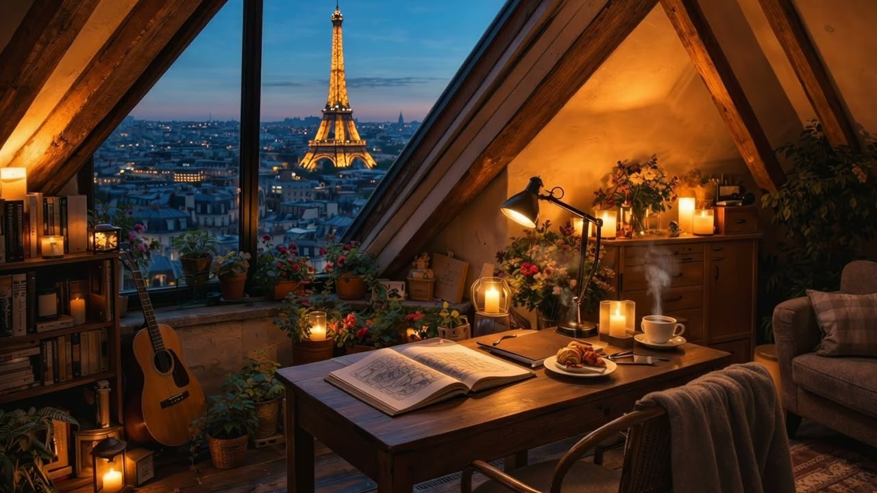 Cosy Paris Attic Study ☕  Café Ambience French Deep Focus Music for Reading & Studying | 4 Hours