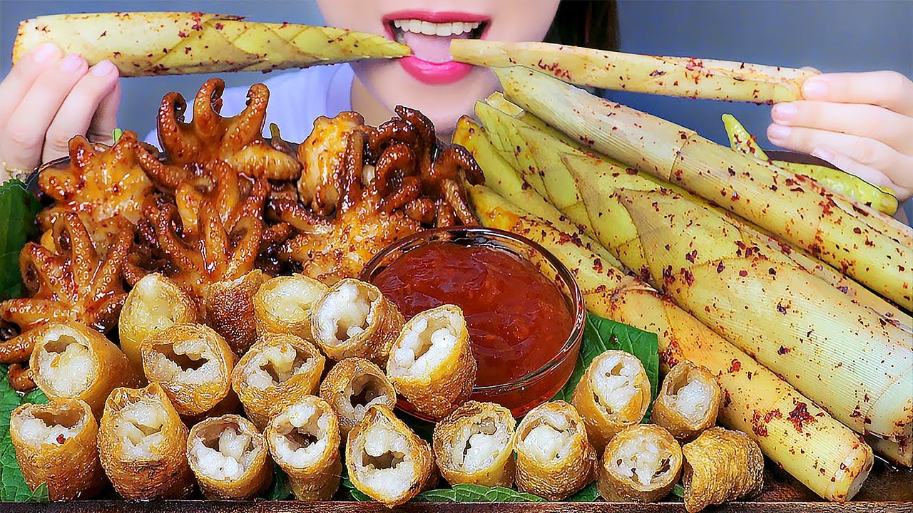 ASMR FRIED BEEF LARGE INTESTINE WITH PICKLED BAMBOO SHOOTS AND SPICY OCTOPUS | LINH-ASMR