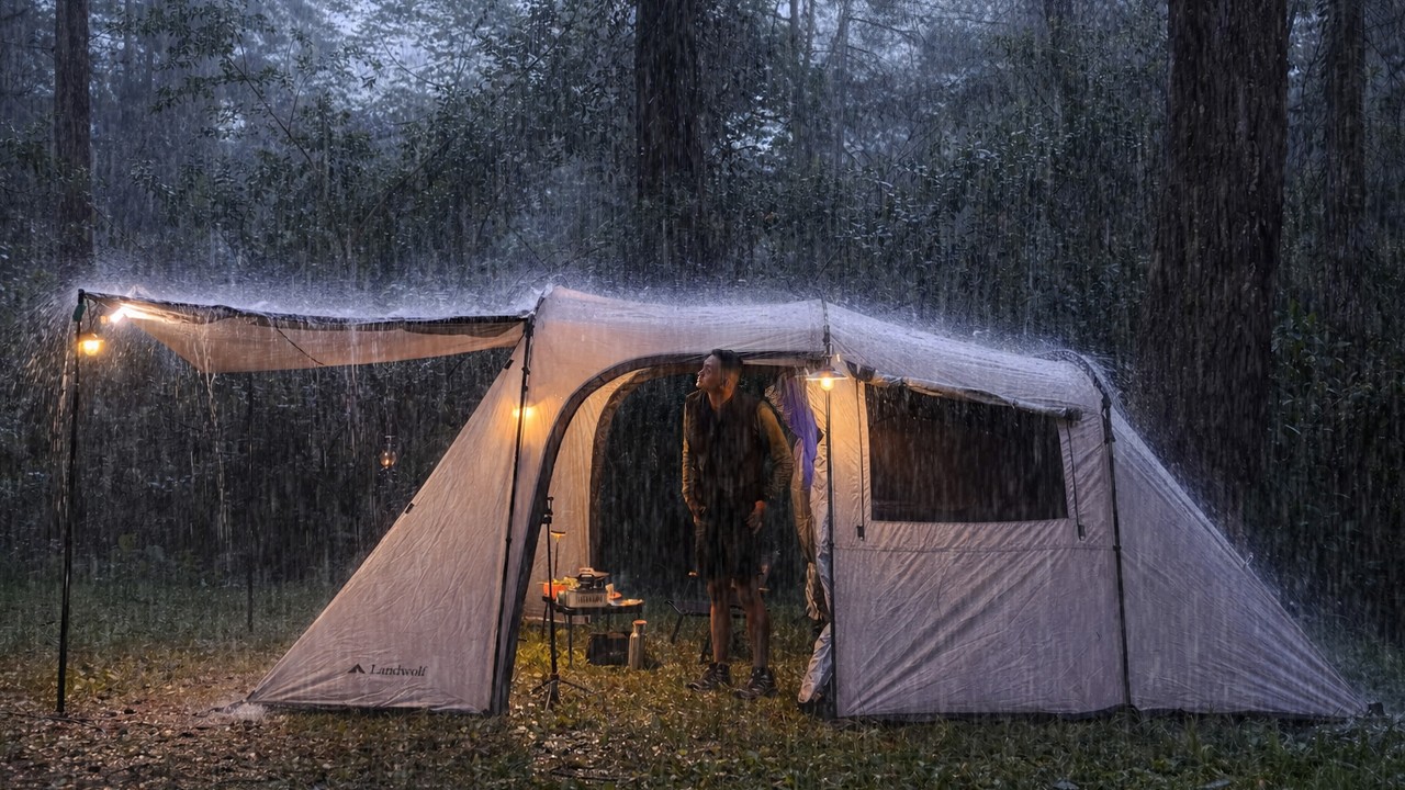SOLO CAMPING HEAVY RAIN AND THUNDERSTORMS - RELAXING CAMPING IN THE RAIN - ASMR
