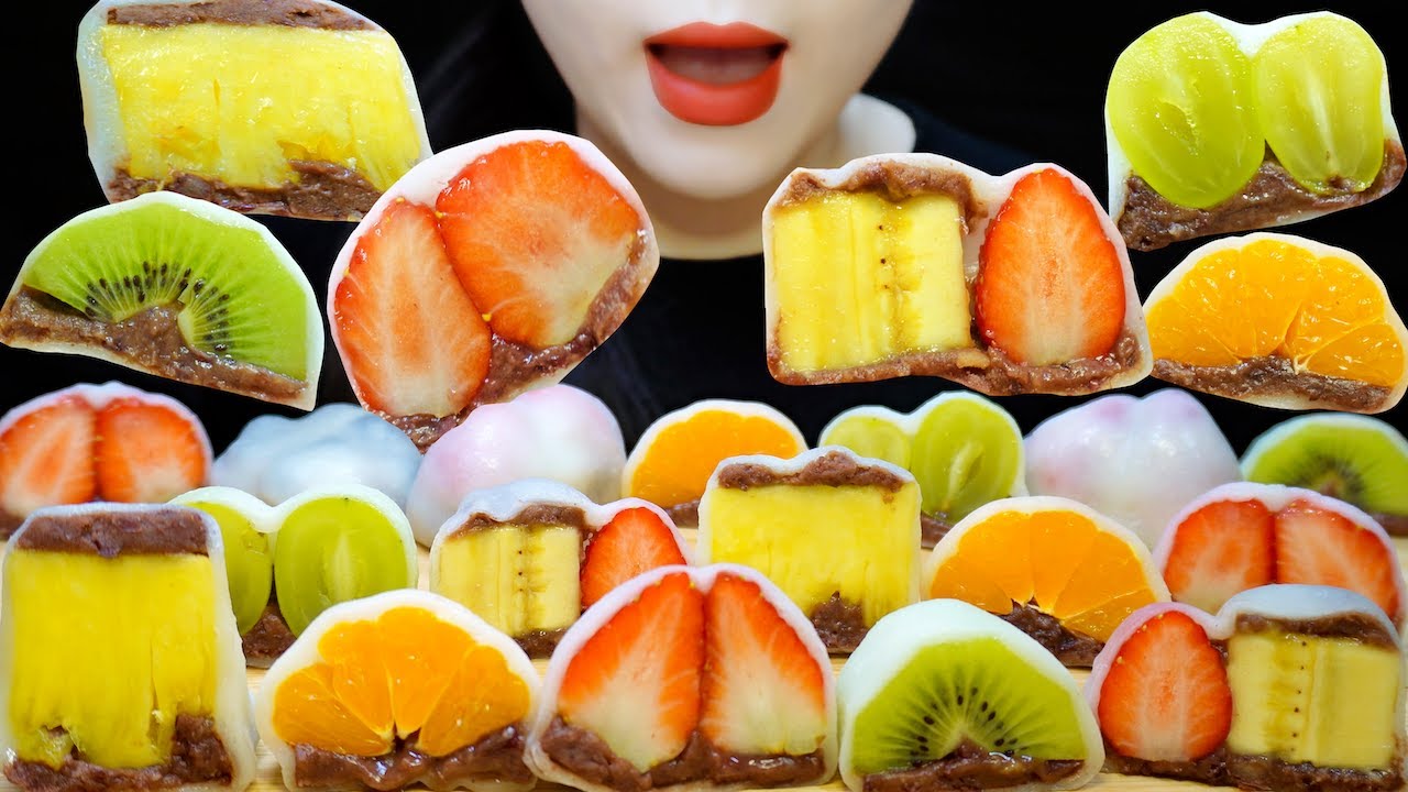 ASMR FRUIT RICE CAKE*STRAWBERRY&BANANA,SHINE MUSCAT,PINEAPPLE MUKBANG, 과일 찹쌀떡*딸기&바나나,샤인머스캣,파인애플 먹방💖🎉