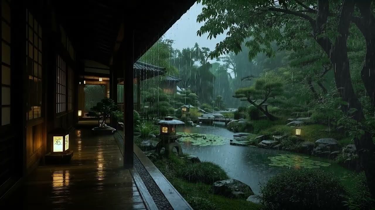 🌧️ Peaceful Rain on Forest Cabin Porch | ASMR Rain on Garden Pond to Deep Sleep