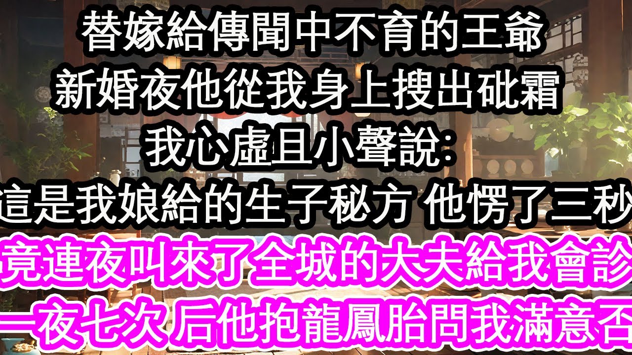 替嫁給傳聞中不育的王爺新婚夜他從我身上搜出砒霜 我心虛且小聲說：這是我娘給的生子秘方 他愣了三秒竟連夜叫來了全城的大夫給我會診一夜七次 次年他抱龍鳳胎問我滿意否【花開】【愛情】【生活】