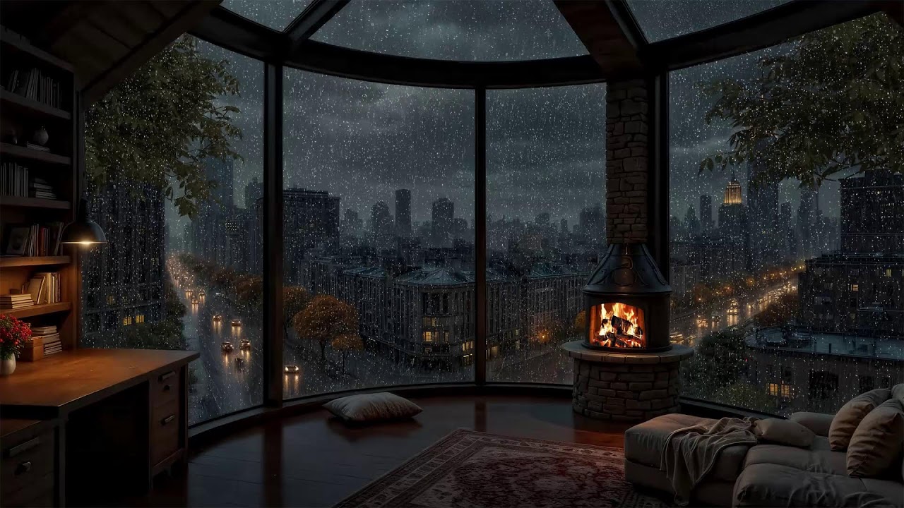 (No Ads) Relaxing Rainstorm Night in London 🌧️⛈️ Fireplace, Thunder & Window Rain for Sleep