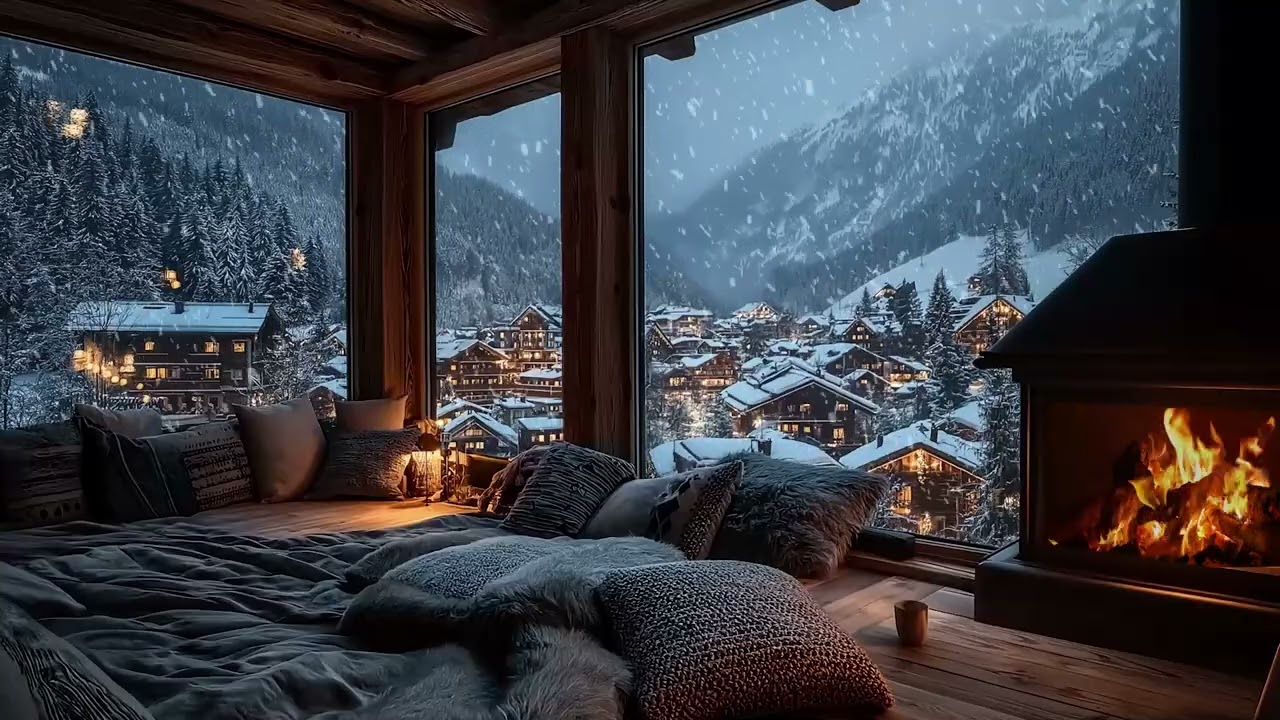 Tranquil Snowy Night by the Fire in a Wooden Cabin for Sleep, Meditation and Total Calm