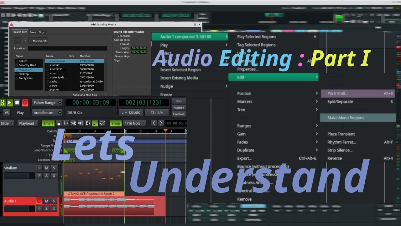 Ardour : 6.9 : Free Daw :Audio Editing : Part I : Recording Audio from Midi,Pitch Shift
