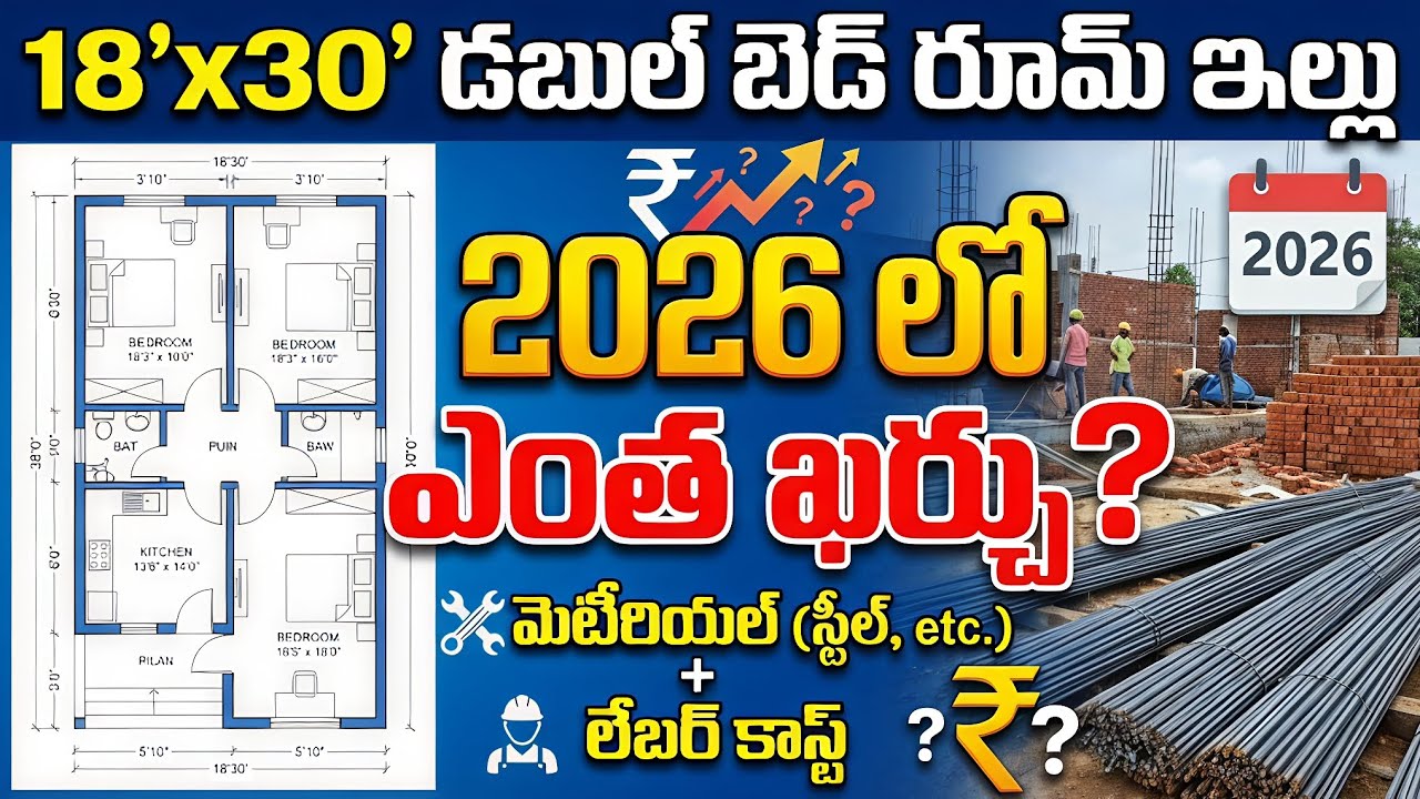 18'x30' (540 Sqft) లో ఇల్లు కట్టుకోవడానికి అయ్యే పూర్తి ఖర్చు 2026 లో | 18x30 House Construction