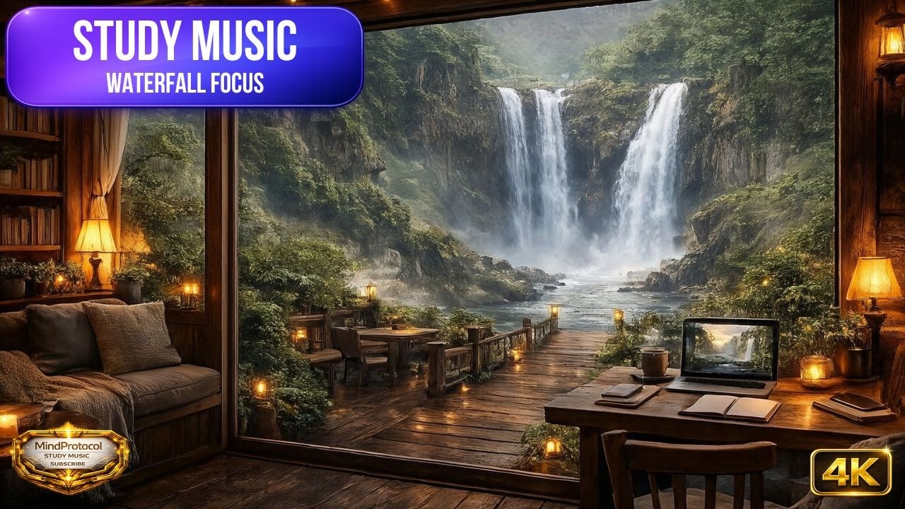 📚 1 Hour Study Music | Cozy Cabin & Waterfall Sounds