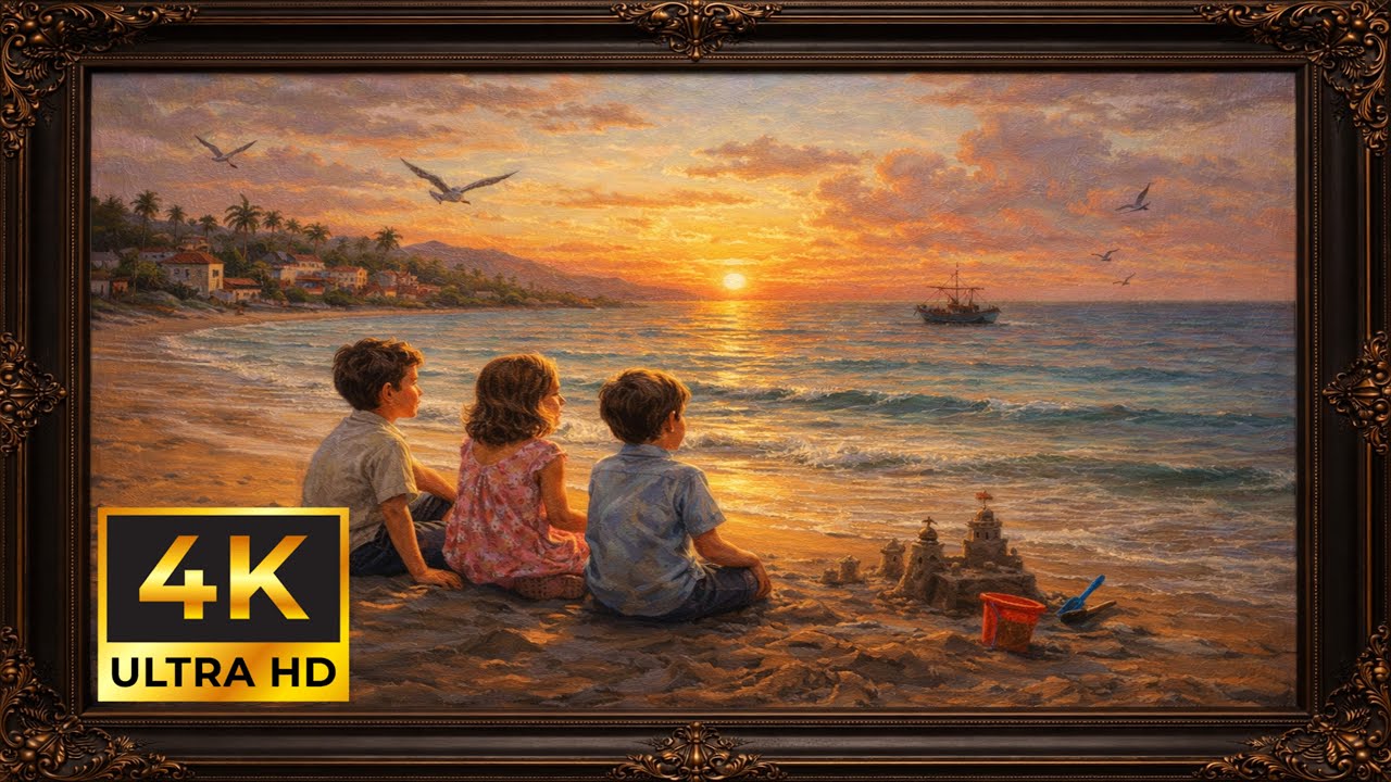 4K Vintage Oil Painting - Golden Moments: Children at Sunset | Frame TV Art Wallpaper (No Music)