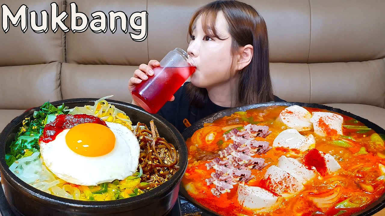 Sub)Real Mukbang-Жареный пибимпап, тушеное мясо мягкого тофу ликер красного уксуса🍷 ASMR Korean Food