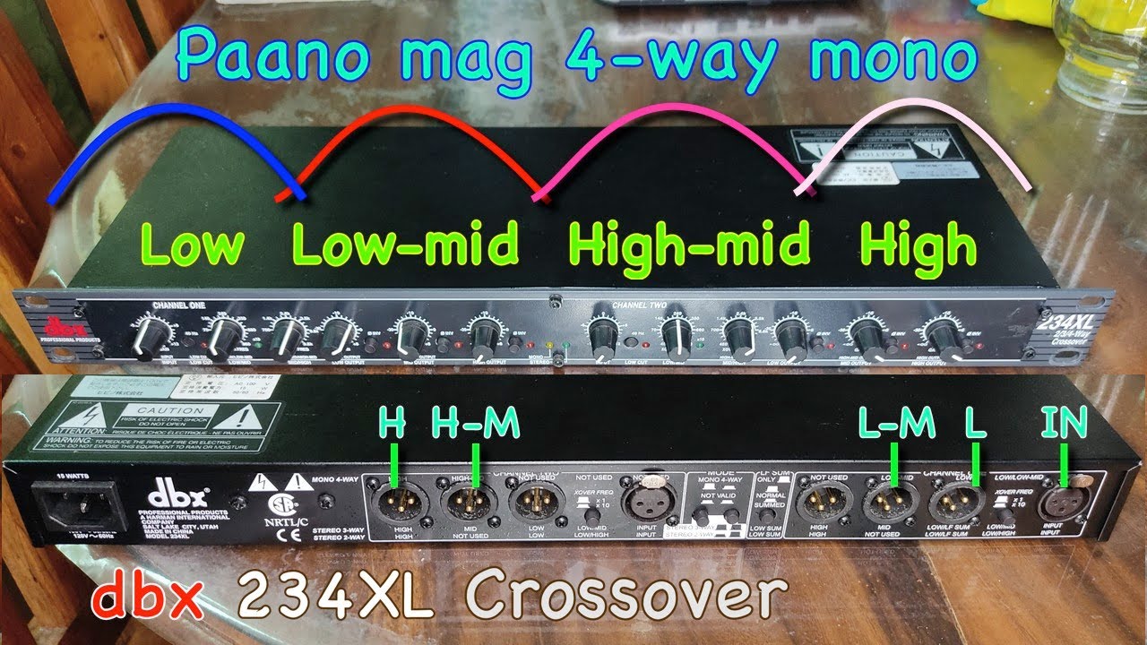 4-way mono crossover connection. Low, Low-mid, High-mid, High.