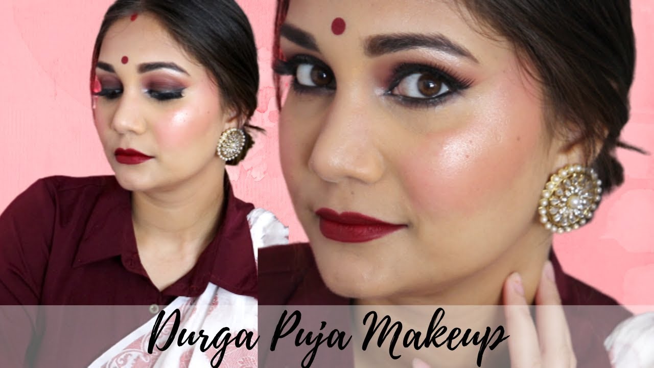 Durga Puja Makeup | Traditional Bengali Makeup Look | Easy & Glowy Brown Smoky Eyes for beginners