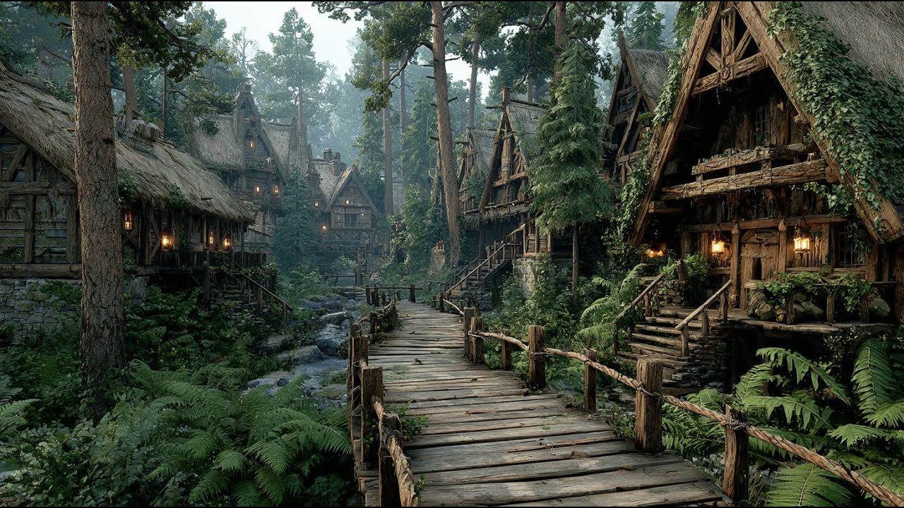 The Mossy Boardwalk Through the Evergreen Village | Medieval Fantasy Music & Animated Ambience