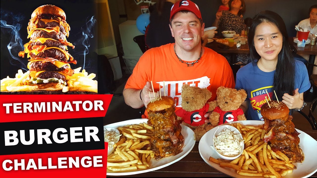 TERMINATOR BURGER CHALLENGE w/ RANDY SANTEL!! Beef Burger, Fries & Coleslaw | Food Challenge