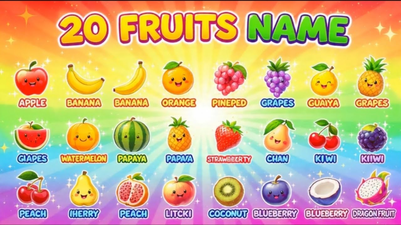 Fruits Name with Spelling and short Explanation for Kids 20 Different Fruits  animated video English