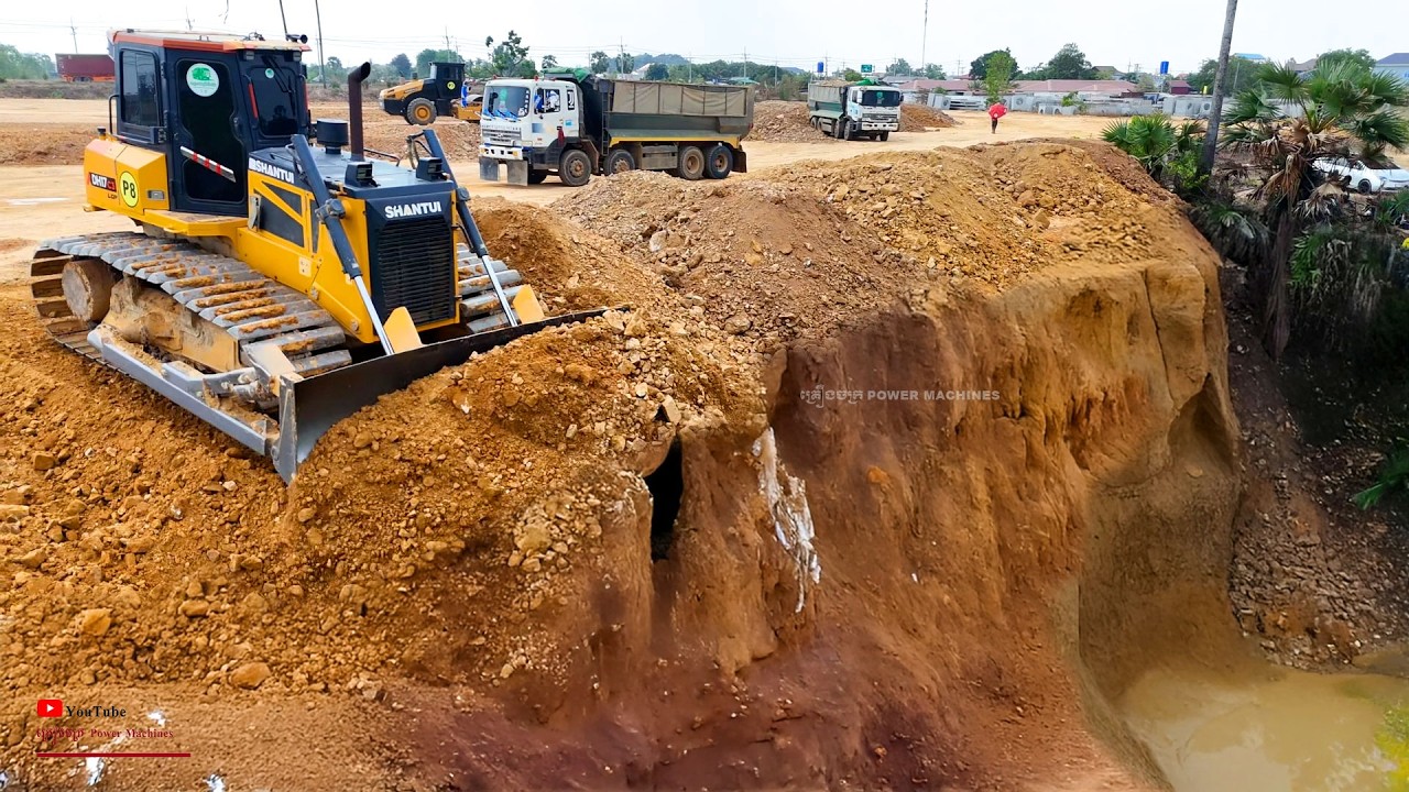 Wow! So Good Start The Massive Lowland​​ Erase Pond Dam Join LandFill Dozer & 10wheels​ TRucks Skill