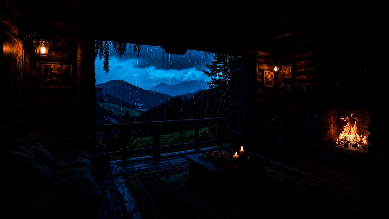 🔴 Cozy Cabin Heavy Rain 24/7 🌧️ | Rain on Window & Fireplace Crackling Ambience