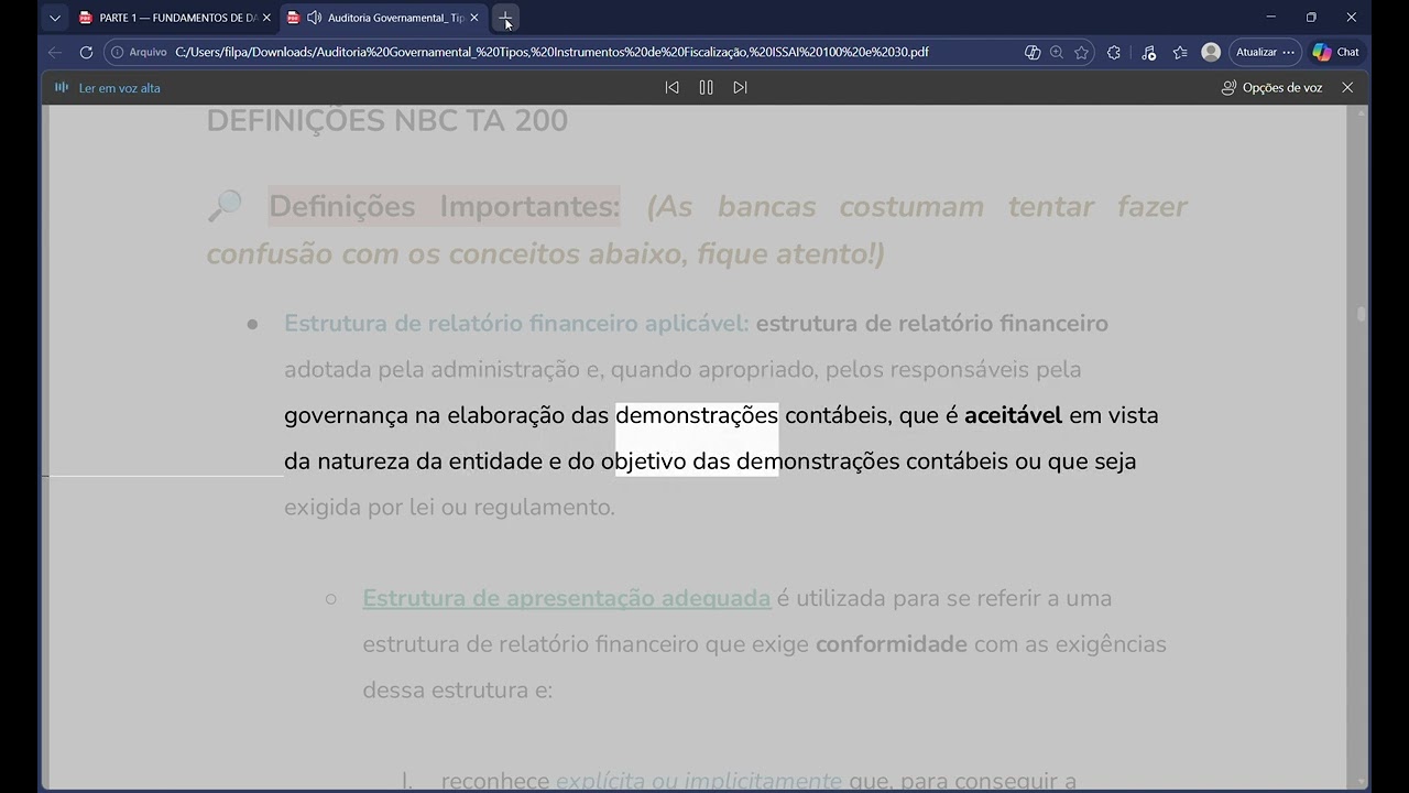 Auditoria Governamental  Tipos, Instrumentos de Fiscalização, ISSAI 100 e 30 pdf e mais 1 página   P