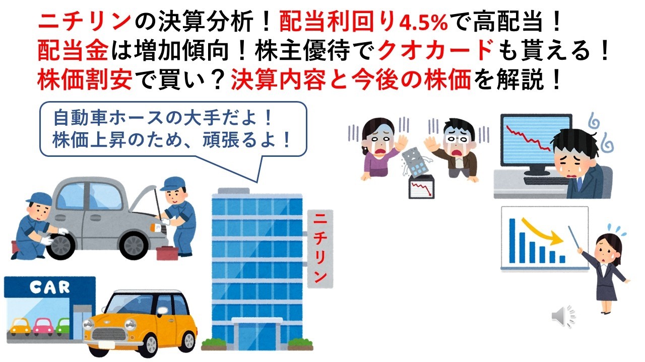 ニチリンの決算分析！配当利回り4.5%で高配当！配当金は増加傾向！株主優待でクオカードも貰える！株価割安で買い？決算内容と今後の株価を解説！