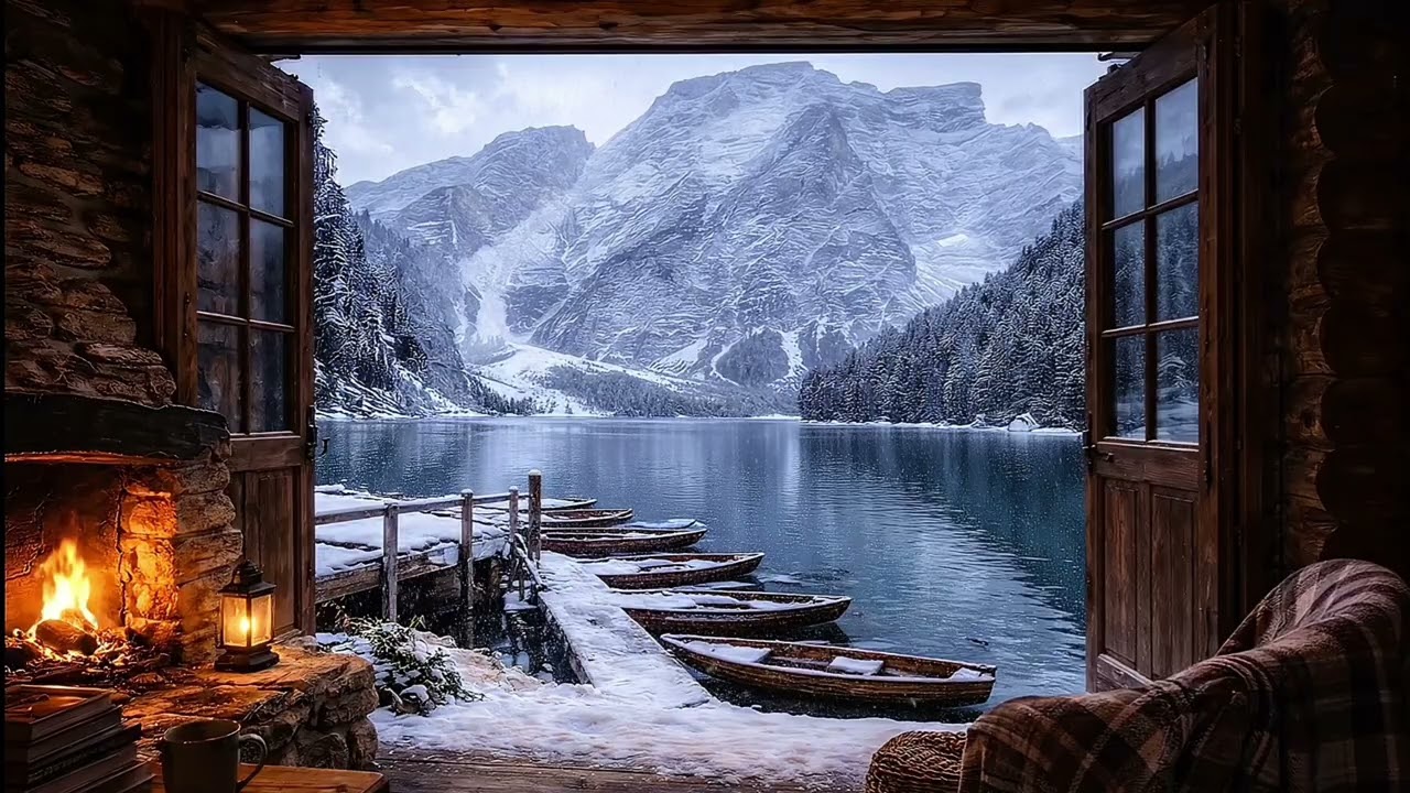 Peaceful Winter Cabin Fireplace ❄️ | Gentle Fire & Lake Sounds by Lago di Braies – 3 Hours of Calm