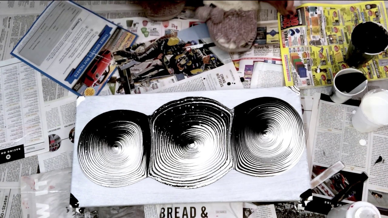 (6) “Monochrome” - Triple Tree Ring - Acrylic Pouring - Black & White