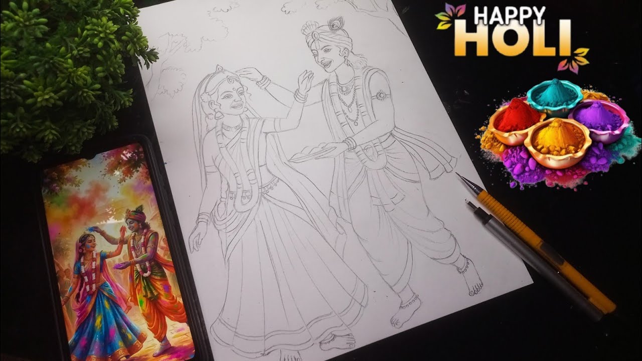 Radha Krishna Playing Holi Drawing, Radha Krishna Drawing, Holi Special Drawing, Happy Holi Drawing 