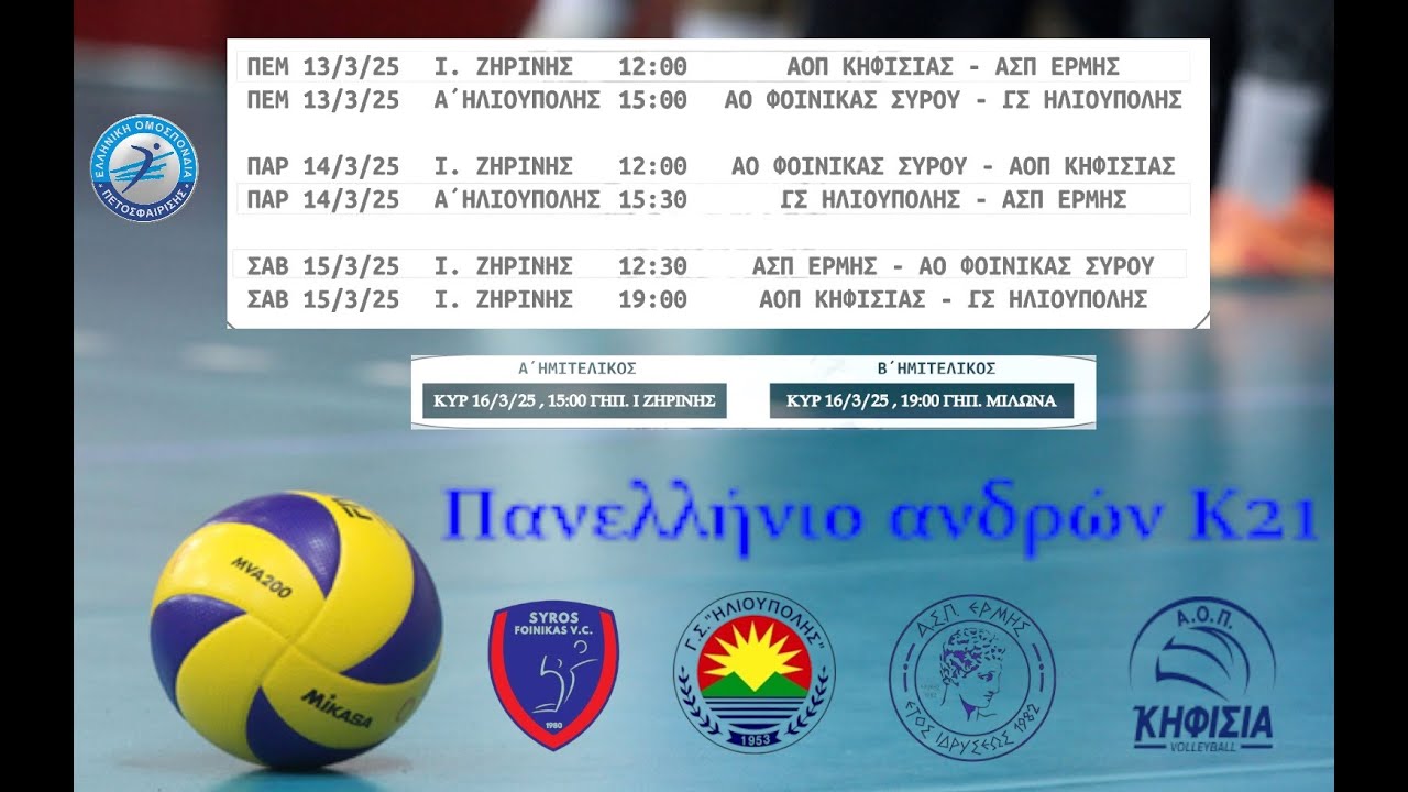 LIVE| Volleyball Πανελλήνιο ανδρών Κ21-Α.Ο.Π. Κηφισιάς - Γ.Σ. Ηλιούπολης
