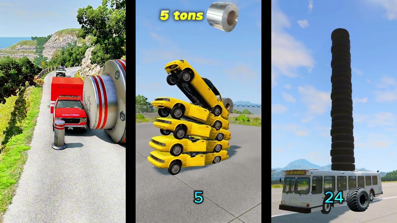 Cars vs 5 Tonns | Cars vs Tire | Cars & Ambulance Van vs Giant Pit Bollards Crash - BeamNG.Drive #3