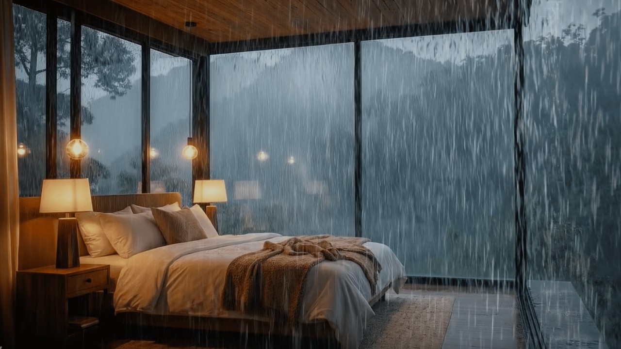 Rain Sounds for Deep Sleep ASMR 🌧️ Cozy Glass Cabin in Heavy Rain Ambience For Sleep
