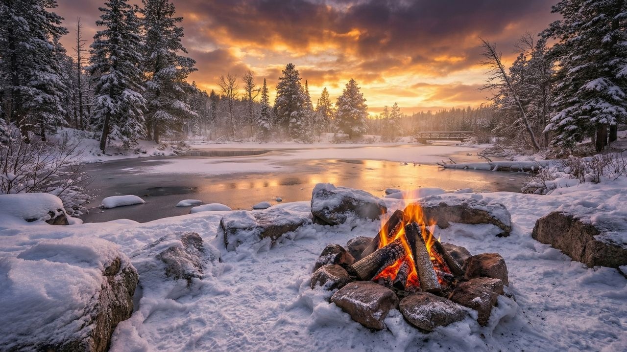 Peaceful Winter Campfire by the River 🔥 Snowy Sunset with Beautiful Birds Chirping