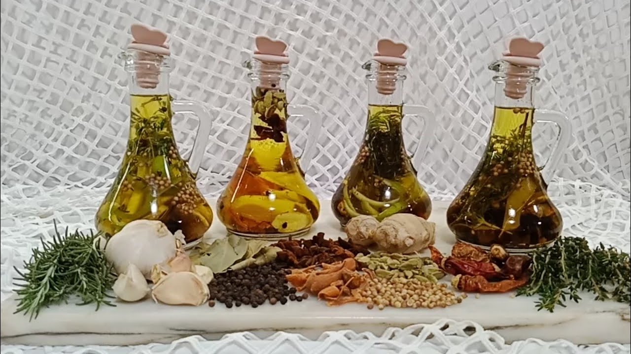 زيت الزيتون المنسم باربع خلطات متنوعة مع استعمالات كل نوع لحوم حمراء,دجاج,سمك,بيتزا, مشاوي, سلطات...
