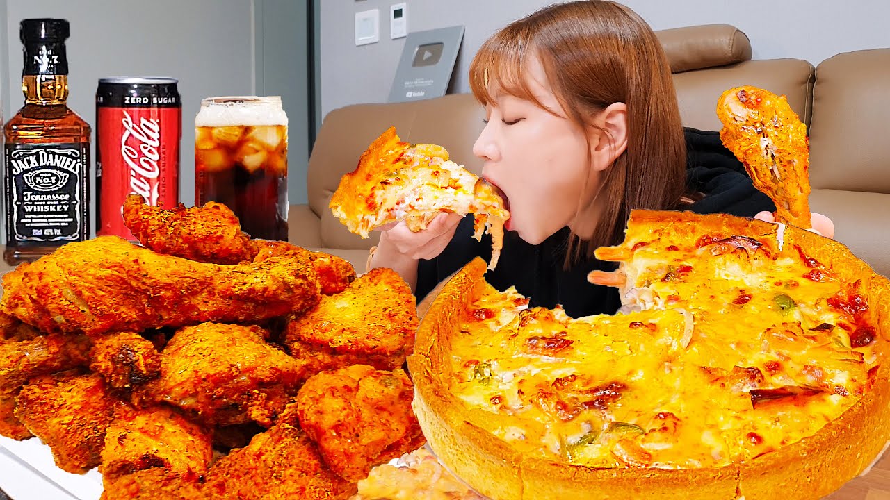 Sub)Real Mukbang-Острый цыпленок-гриль🍗 Чикагская пицца с креветками🍕 Джек Кокс🍷 Корейская еда ASMR