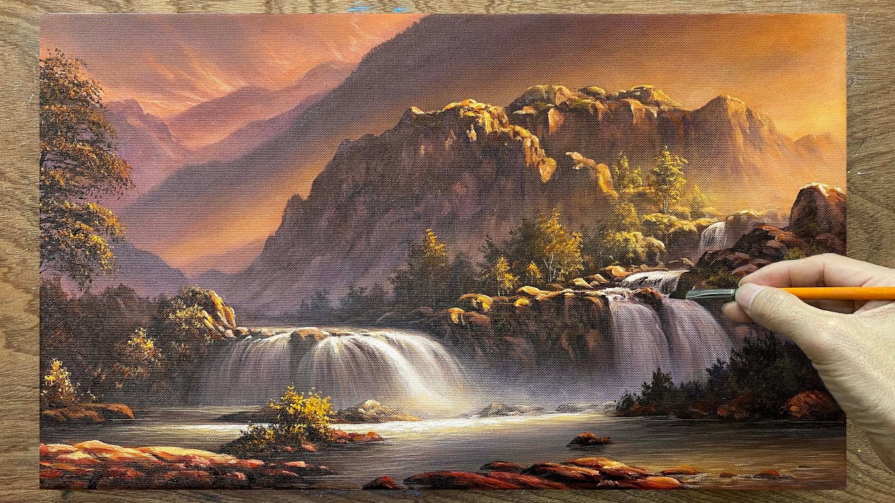 How to draw landscape #01 / Waterfall painting / Acrylic painting / A Lu Art.