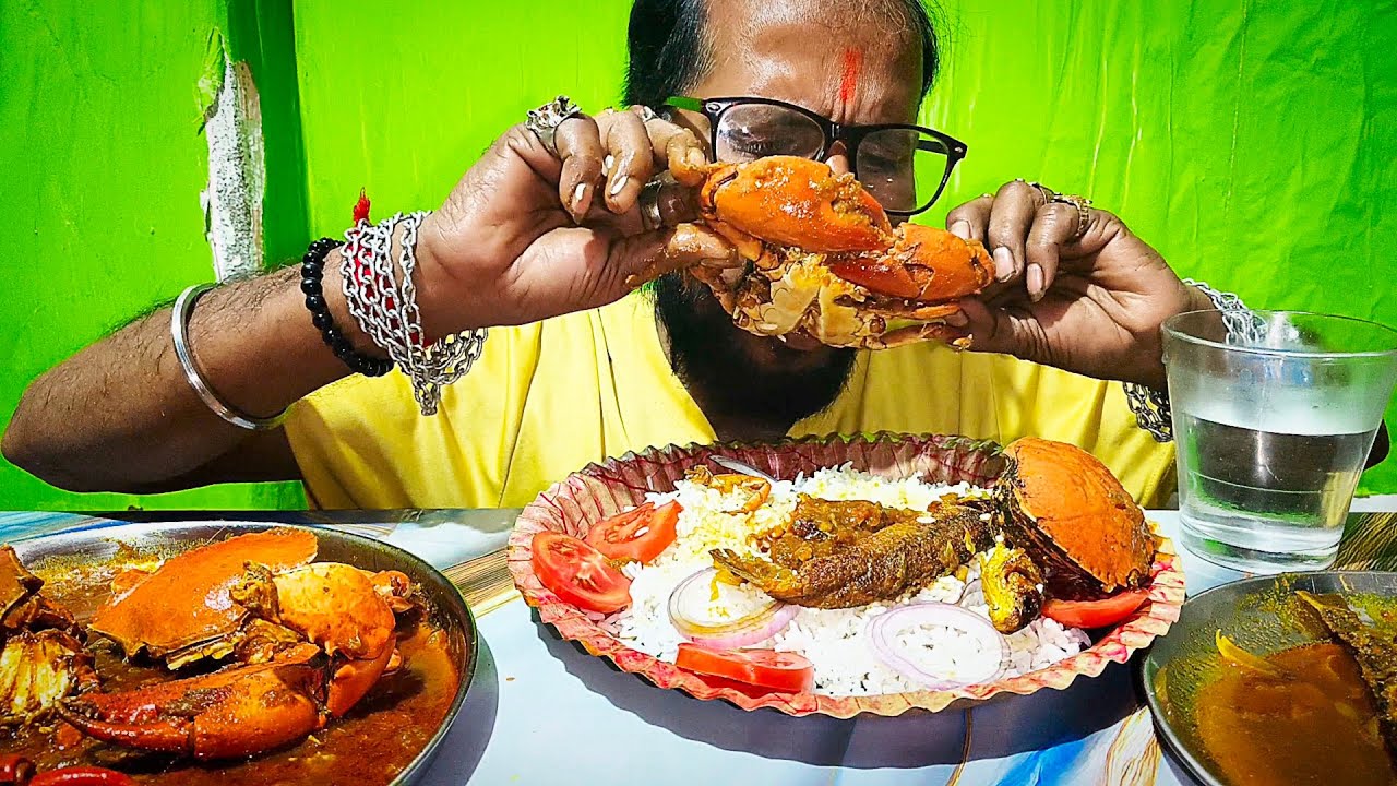 TODAY SPECIAL SPICY CRAB 🦀 AND FISH WITH RICE EATING CHALLENGE 