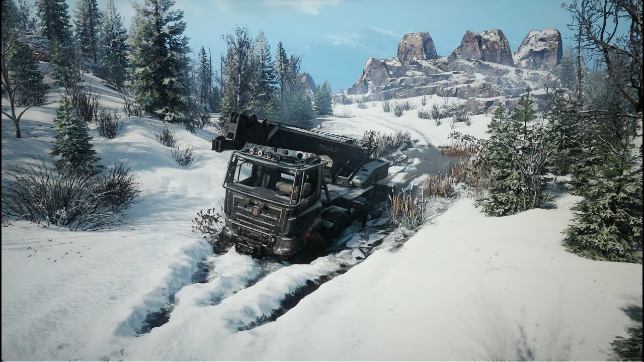 SnowRunner, Driving a Off-Road Truck Crane in Full Winter on rough terrain, 4k Ultra Graphics.Part 4